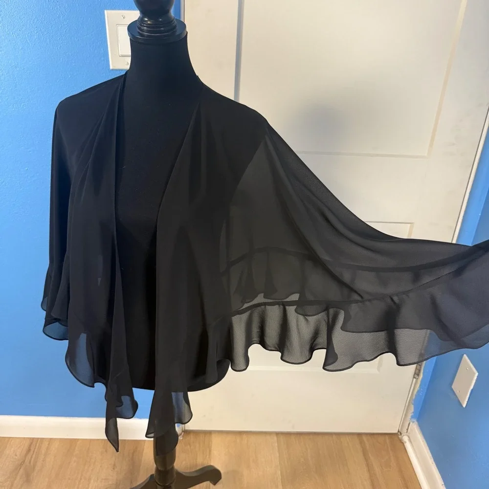 Alex Evenings Black Sheer Chiffon Ruffle Shawl Wrap Whimsygoth Witchy One Size